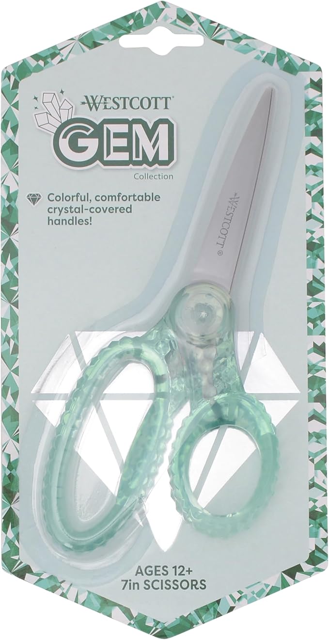 Westcott GEM Crystal-Design 7-Inch Pointed Student Scissors for Ages 12+, Classroom Essential with Comfortable Grip, Ideal for Left or Right Hand, Back to School, School Supplies, Green