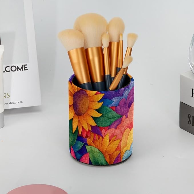 Watercolor Art Sunflower Circular Pen Holder, Pen Cup Makeup Brush Holder, Design for School, Home and Stationary Supplies (3.9 x 3.1 Inches)