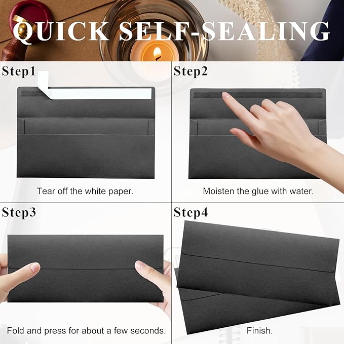 50 Pack Black #10 Business Envelopes, Standard Envelopes Self Seal, 4 1/8 x 9 1/2 Inch Letter Size Business Mailing Envelopes for Checks Invoices Statements Baby Shower Wedding Birthday Graduation