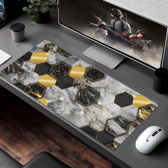 Desk Pad, Black Golden Honeycomb Marble Hexagon Extended Large Gaming Mouse Pad for Desk XXL, Large Desk Mat for Desktop with Non-Slip Rubber Base Stitched Edges for Home Office Desk 35.4"X15.7"