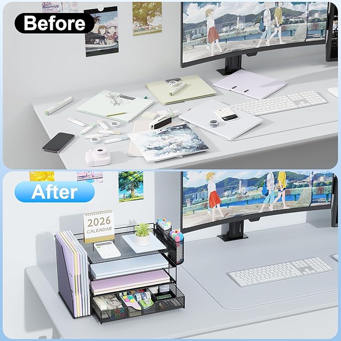 gianotter Desk Organizers and Accessories with File Holder, 4-Tier Desk Accessories & Workspace Organizers with Drawer and 2 Pen Holder, Paper Organizer for Office Supplies (Black)