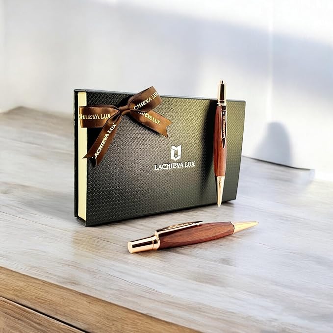 LACHIEVA LUX Rosewood Ballpoint Pen and Mechanical Pencil Set – Triangle Grip, Luxury Gift for Men and Women, Includes Refills and Gift Box