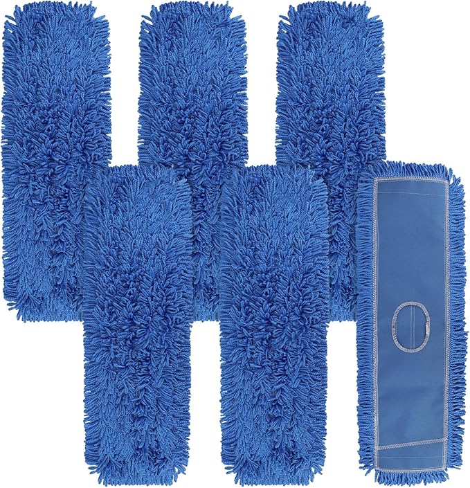 Commercial 24 Inch Dust Mop Head: Replacement Sweeper and Janitorial Industrial Dust Mop Head for Floor Cleaning, Office, School, Restaurant, Hospital (Blue - 6 Pack)