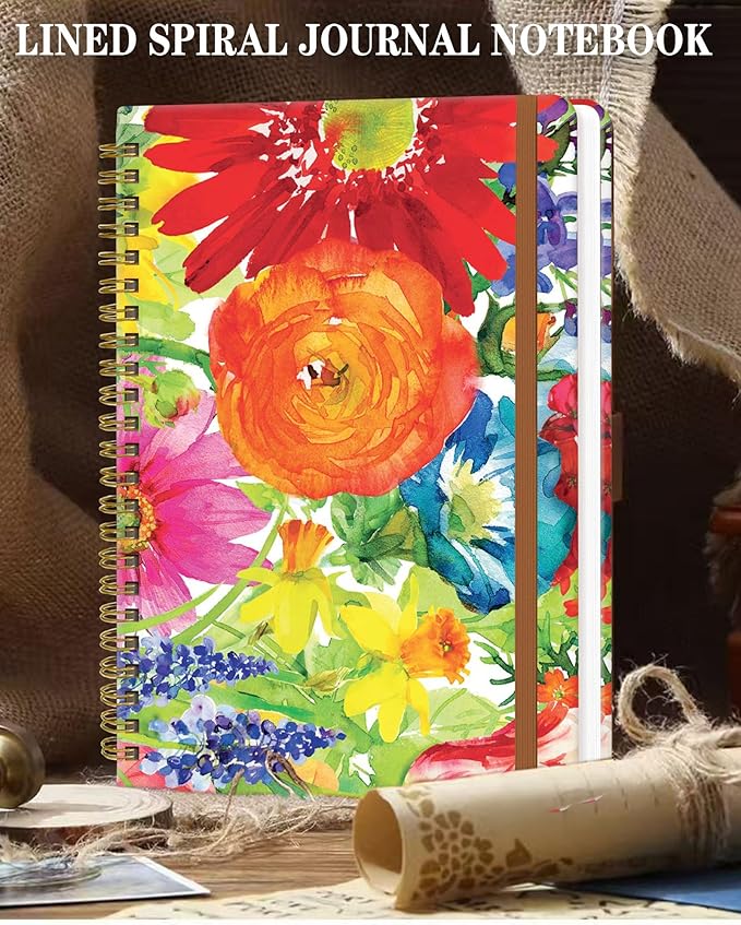 Spiral Journal Notebook for Women, Hardcover A5 College Ruled Notebook, 120 Pages, Thick Paper, Cute Lined Journal for School, Office & Work, 6 x 8.4 in(Colorful Wildflower Flower)