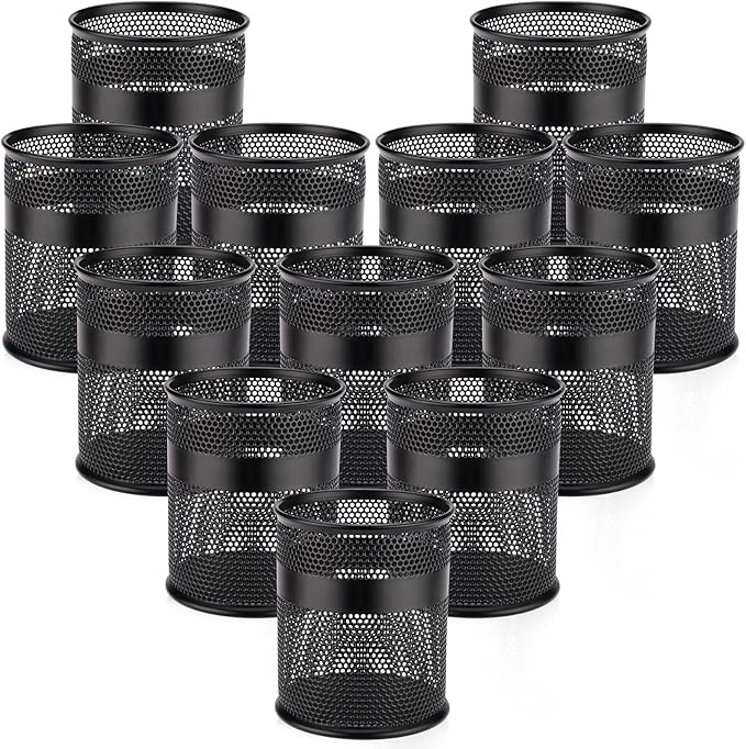 Segarty Pen Holder for Desk, 12 Pack Black Pencil Cup, Metal Desktop Pens Organizer, 3.3 x 3.9 inch Pencils Holder for Office Supplies Organization, School Classroom, Brush Storage