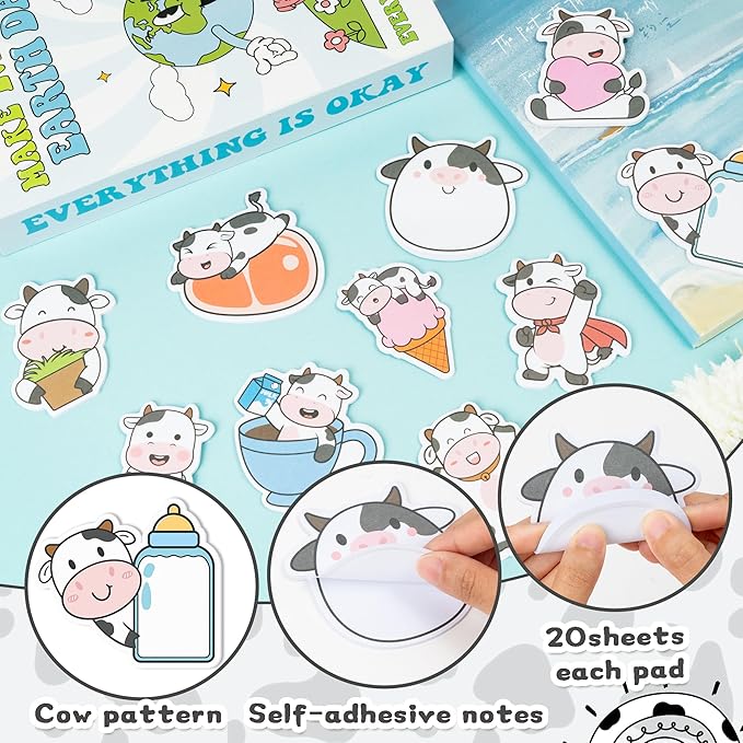 CJiangpo 30Pcs Cow Sticky Notes Cute Cow Sticky Note Pads, 600 Sheets Self Stick Notepad Memo Pads Funny Page Marker Classroom Rewards Back to School Animal Themed Party Favors Filler Gift