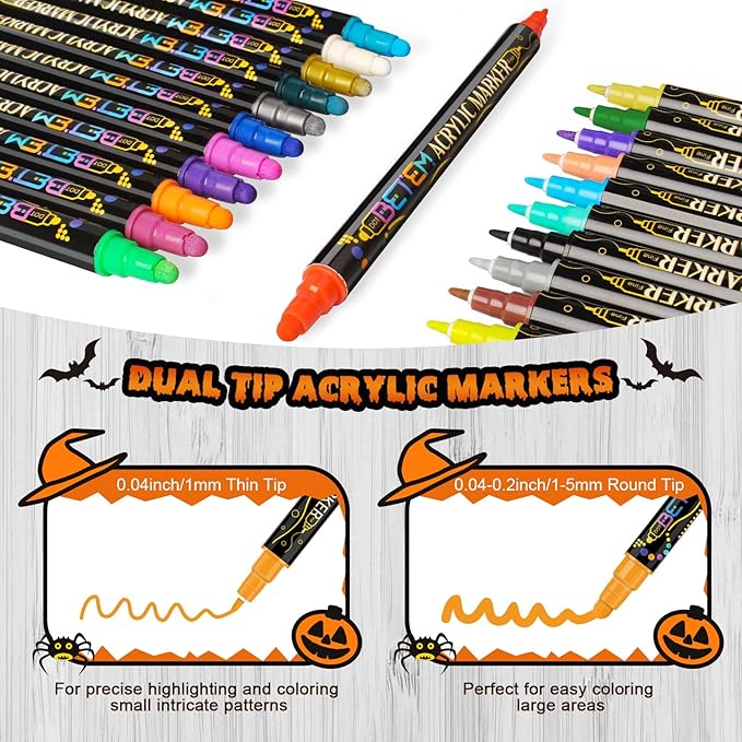 Betem 60 Colors Dual Tip Acrylic Paint Pens Markers, Premium Acrylic Paint Pens for Halloween Decorations, Wood, Canvas, Stone, Rock Painting, Glass, Ceramic Surfaces, Pumpkin Painting Kit DIY Crafts