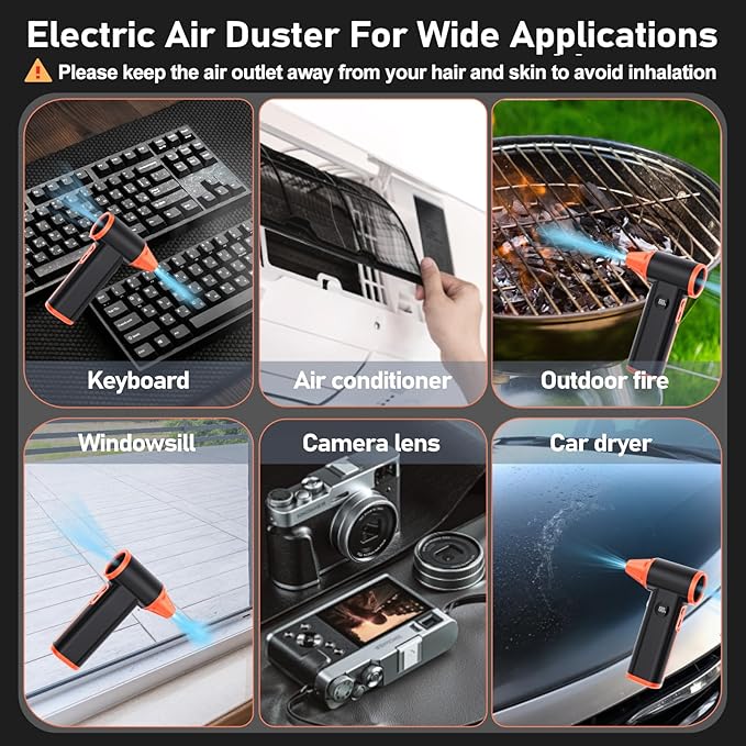 Larkeey Compressed Air Duster Rechargeable Electric Air Duster for PC Keyboard Mini Dust Blower 130000RPM Cordless Air Blower Jet Dryer Turbo Fan Handheld Blower for Car Home Office, Black-Orange