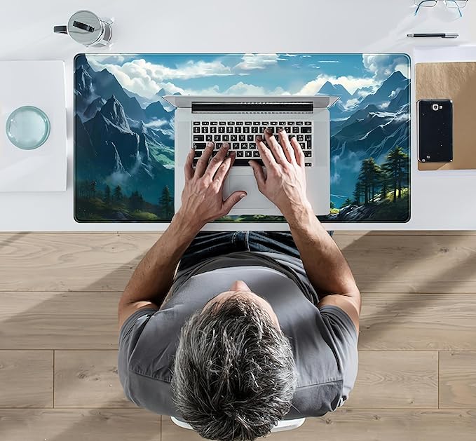 Aesthetic Mountain Vista Desk Mat, Blue Natural Wonder XXL Large Extended Gaming Mouse Pad Mat Non-Slip Mousepad, Computer Keyboard and Mouse Mat, Desk Pad with Stitched Edges, 31.5x15.75 in
