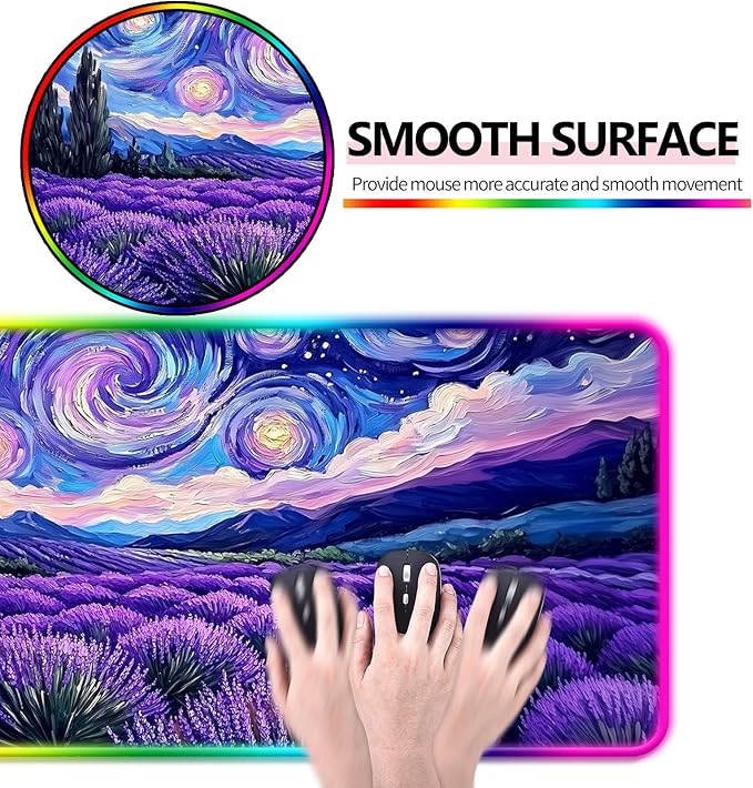 RGB Fantasy Starry Night Lavender Field Gaming Desk Mat, Computer Keyboard Large Extended Long Floral LED Mouse Pad for Office and Home, XL (W27)