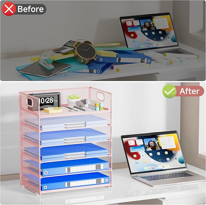 6-Tier Mesh Paper Organizer, Pink Letter Tray with Handle, Office Desk Accessories, 12.6L x 9.1W x 13.5H inches