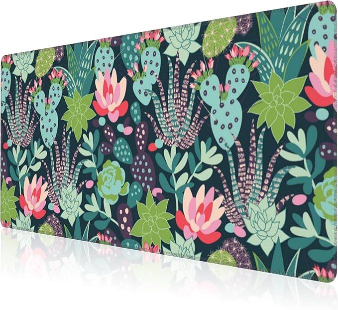 Mouse Pad, Large Succulents and Cactuses Desk Mat, Extended Non-Slip Gaming Keyboard Mousepad Desk Pad, Thick Stitched Edges Waterproof Mouse Mat 31.5"x15.7" (Tropical Plants)