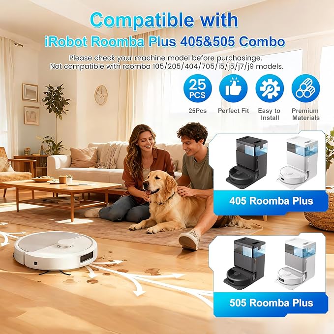 CleanSync Replacement Parts for iRobot Roomba Plus 405/505 Combo Robot Vacuum and Mop,25 Pcs Accessories Kit:2 Main Brushes,6 Dust Bags,4 Filters,6 Mop Pads,6 Side Brushes,1 Cleaning Brush(25)