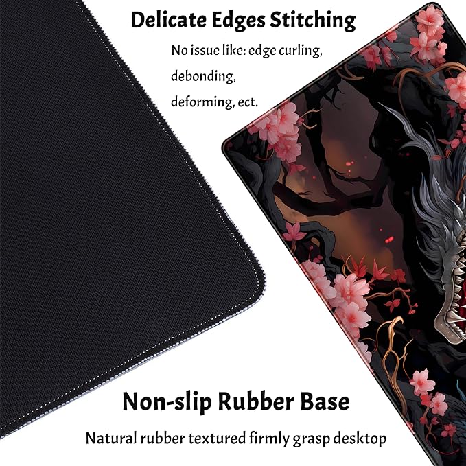 Cute Sakura Dragon Gaming Mouse Pad Kawaii XXL Large Extended Anime Desk Mat, Non-Slip Rubber Base Mousepad, Office Decor Desk Pad, Cool Keyboard and Mouse Mat with Stitched Edges, 31.5x15.75 in