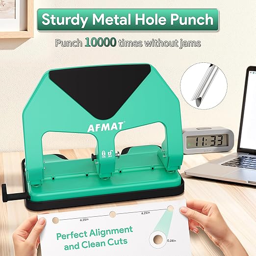 AFMAT HP20 Heavy Duty 3 Hole Punch, 50-Sheet Capacity, 60% Reduced Effort Three Hole Puncher for Binder, 10K+ Uses, Large Chip Tray, Adjustable Paper Guide, Office Metal Paper Puncher 3 Ring, Green