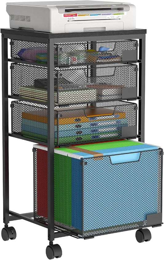 Rolling File Cart with 4 Storage Drawers, Filing Cabinet for Home Office, Hanging File Folder Organizer with Wheels Under Desk, Utility Craft Cart Printer Stand, Black, Patent Pending