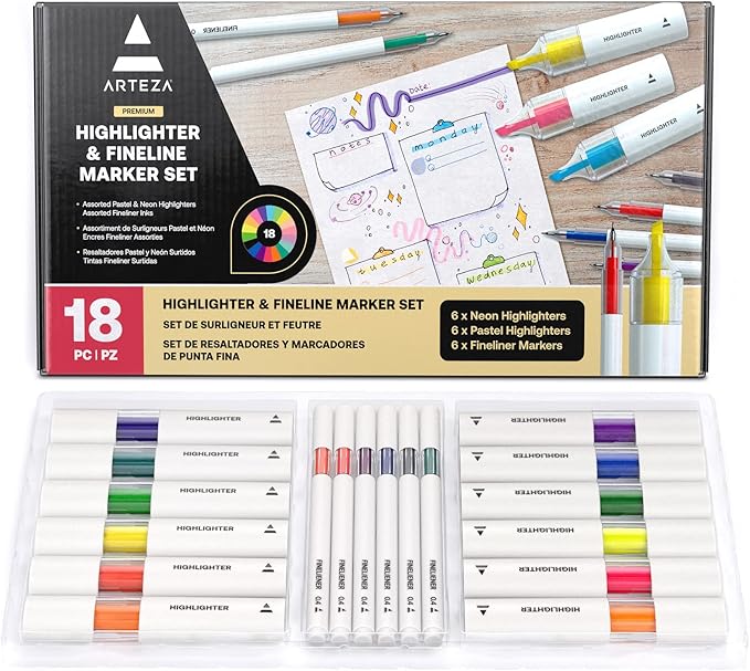 ARTEZA Highlighters – 18-Piece Set of Neon and Pastel Colors with Fineliner Pens for Journaling, Study, Planning & Note Taking, No-Bleed Ink