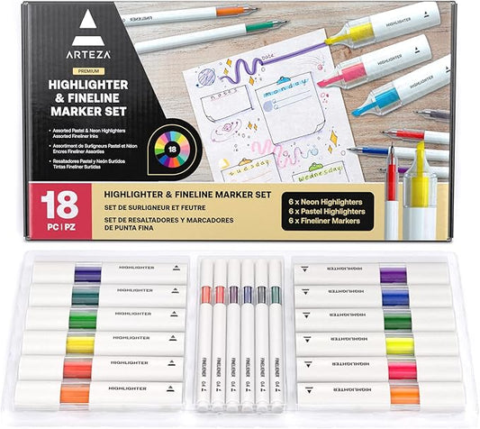 ARTEZA Highlighters – 18-Piece Set of Neon and Pastel Colors with Fineliner Pens for Journaling, Study, Planning & Note Taking, No-Bleed Ink