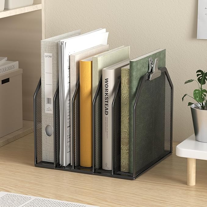 Metal 5-Section File Folder Organizer for Desk | Compact Vertical Desk File Holder | Desktop Paper Sorter for Documents, Notebooks, Books | Black Office Organizer (9.3”x8.5”x7.9”)