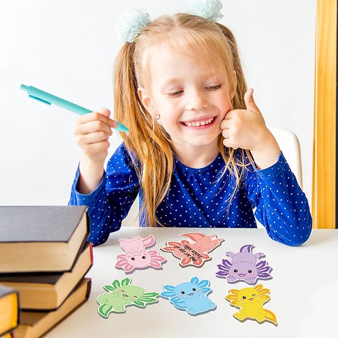 72pcs Cute Axolotl Sticky Notes & Pens & Ribbons Set, Colorful Axolotl Theme Pastel Notepad, Self-Stick Memo Pad for Teacher Birthday Gift Office Classroom Back to School Party Favor Supplies