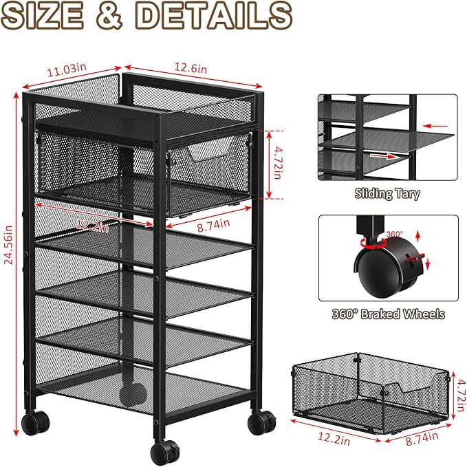 keomaisyto Under Desk Storage Slim File Cabinet, 6-Tier Rolling File Cart with Paper Letter Tray & Drawer, Standing Paper Organizer with Wheels, Narrow Desk Organization for Home Office Workspace