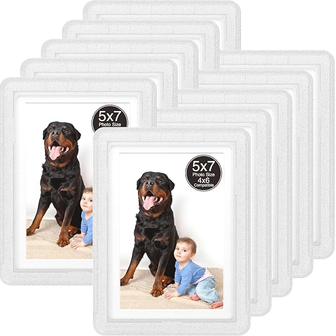 10-Pack 5x7 Picture Frame or 4x6 with Mat – Shatterproof Plastic Picture Frames for Family, Nursery & Playroom, Wall & Tabletop Frame for Home or Office, Safe Lightweight Design, Crystal Silver