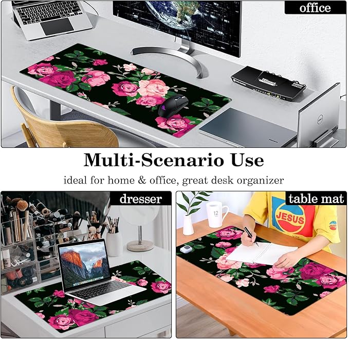 Pink Rose Desk Pad Protector, Stitched Edges Flower Mouse Pad, Large Office Mat, Non-Slip Blotter, Laptop Pad, Floral Writing Pad for Office and Home (31.5" x 15.7")