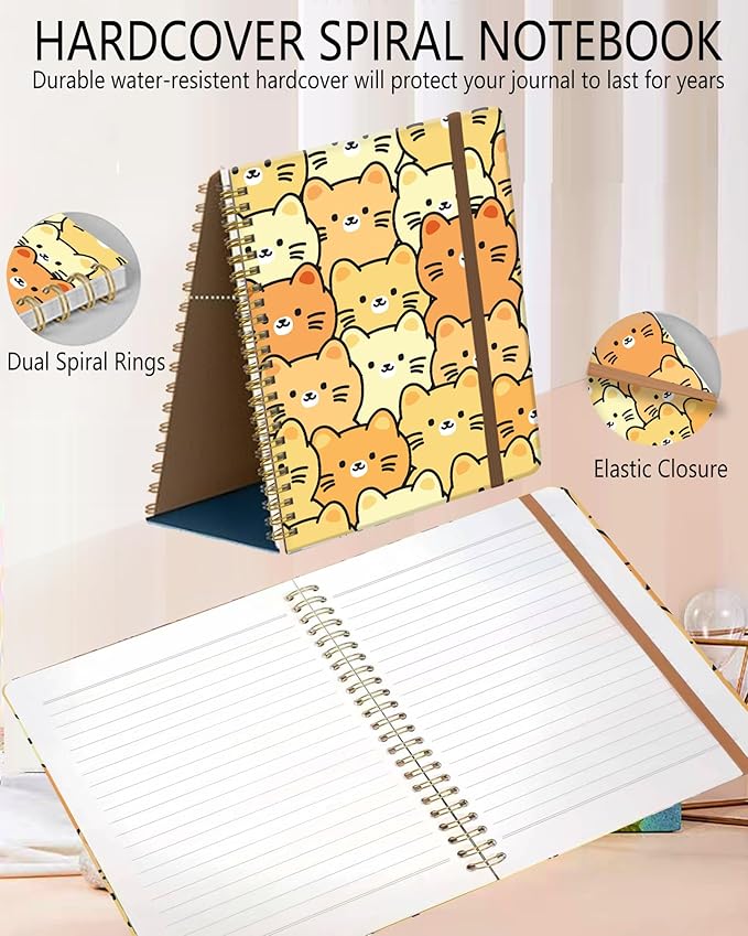 Spiral Journal Notebook, A5 Cute Notebooks for Women Men, College Ruled Hardcover Notebook for Work & Note Taking, 60 Pages Double-Wire Journals for Writing, Cute Colorful Cats