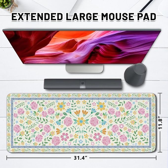 Flower Gaming Mouse Pad Large, Computer Mousepad Desk Mat PinkFloral, Birthday Gifts for Women Men Mushroom Lovers, Non-Slip Large Desk Decor Accessories for Keyboard and Mouse 11.8”x 31.4” XL