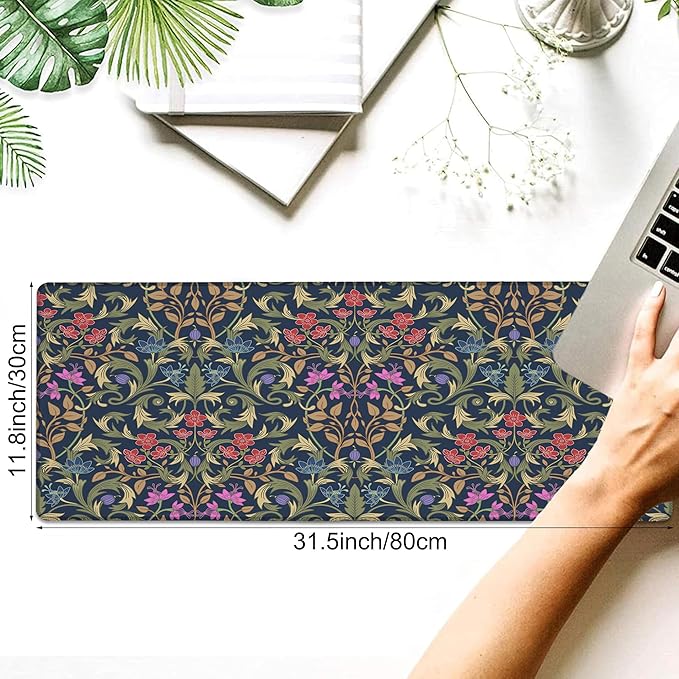 Desk Pad, Retro William Morris Floral XL Gaming Mouse Pad with Stitched Edges,Non-Slip Waterproof Rubber Base Large Desk Mat for Keyboard and Mouse 31.5"x11.8"