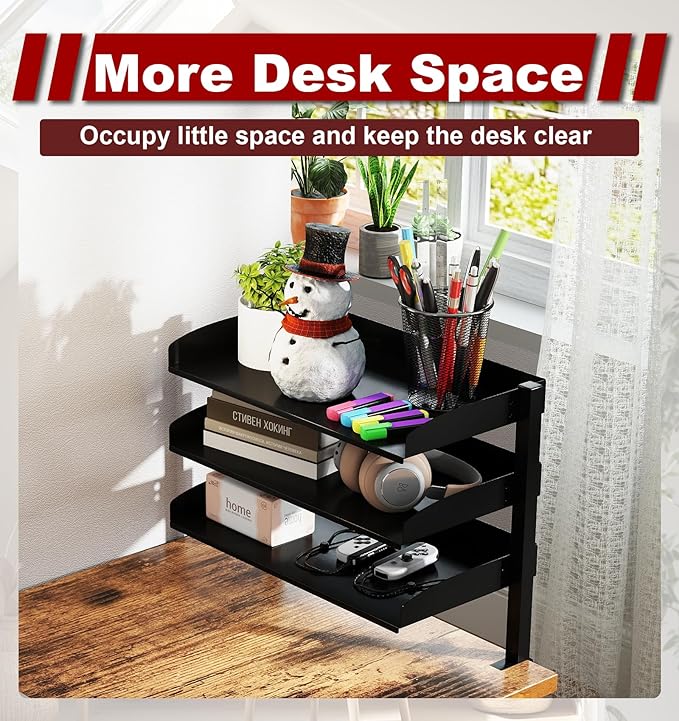 3 Tier Clamp On Desk Organizer Shelf,Large Clip Desktop or Under-Desk Adjustable Metal Storage Tray, Computer Table Organizer for Office Desk