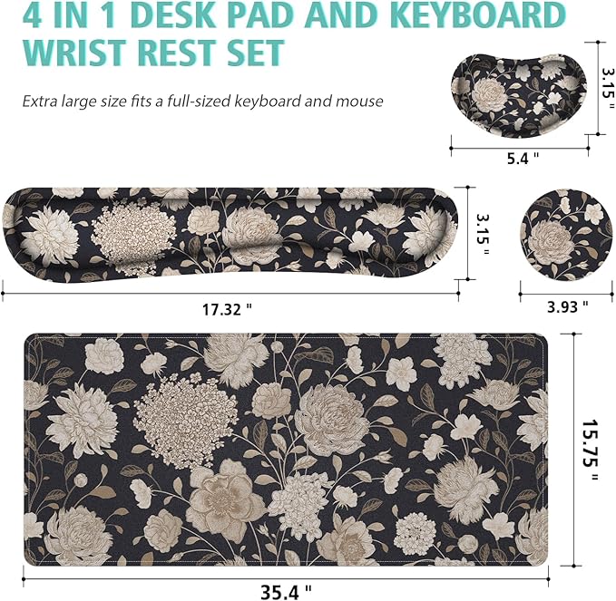 Floral Large Mouse Pad with Wrist Support Set of 4,Large Gaming Mouse Pad+Keyboard Rest+Mouse Wrist Rest+Coaster,Ergonomic Mouse mat,Anti-Slip,Memory Foam Desk Mat for Home Office Gaming (Rose)