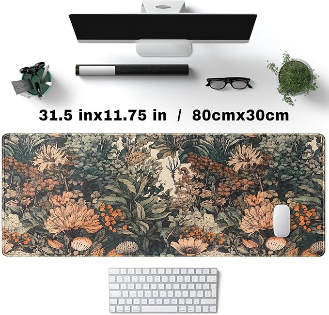 Flower Vintage Desk Pad Aesthetic Desk Mat Flower Mouse Pad Computer Big Mousepad Non-Slip Base Gaming Keyboard Giant Mouse Pad Computer Mat for Laptop Office with Stitched Eges 31.5x11.8 in