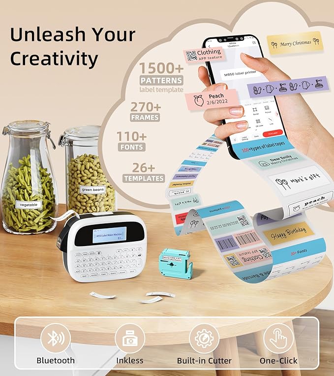 Label Maker Machine with 5 Tapes, Label Maker Waterproof-Labels Bundle, Rechargeable Bluetooth Labeler with Backlit LCD, M950 Handheld Label Printer for Office Home Use