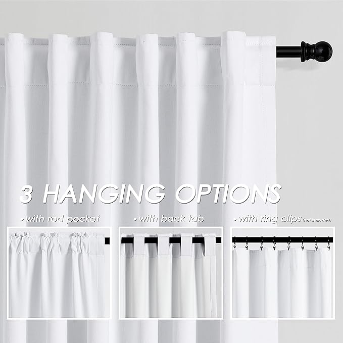 Nanspring White 100% Blackout Curtains, 63 inches Long Back Tab Rod Pocket Thermal Insulated Textured Short Blackout Curtains 2 Panels Set 52x63 Pure White