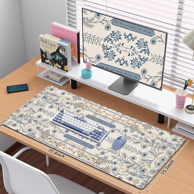 Beige Mouse Pad Desk Mat, Large Floral Desk Matt for Desktop, Cute DeskPad Mat, XXL Big Mouse Pad for Desks, Anti-Slip Mousepad with Stitched Edges, Keyboard Pad MouseMat Cover for Computer 35.4×15.7