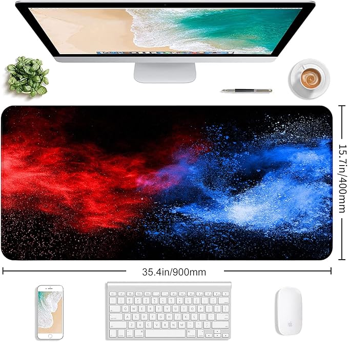 Large Extended Gaming Mouse Pad with Stitched Edges, Non-Slip Waterproof Rubber Base Mouse Pad for Office, Computer, Keyboard, Laptop and Home Desk Pad 35.4 x 15.7 x 0.12 Inch (Colorful Starry Sky)
