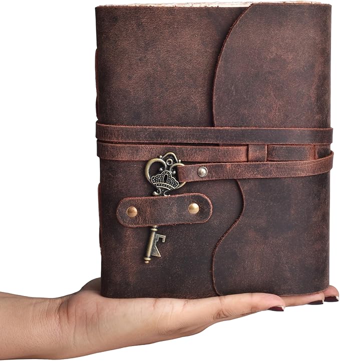 LEATHER VILLAGE Vintage Leather Journal – 200 Handmade Vintage Deckle Edge Paper – Leather bound Journal For Women Men – Vintage Key Closure - Book of Shadows - 13X8 inches - Fuchsia