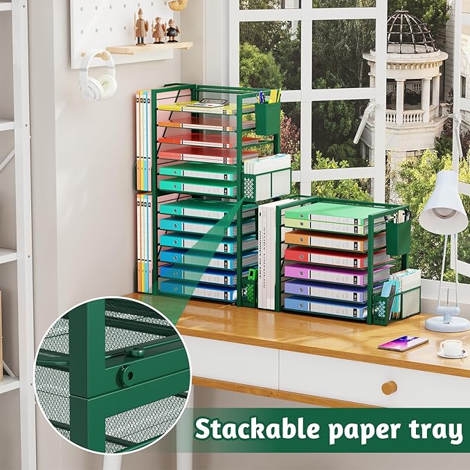 Simple Trending 6 Tier Desk File Organizer, Paper Letter Tray Organizer with File Holder and Pen Container, Green