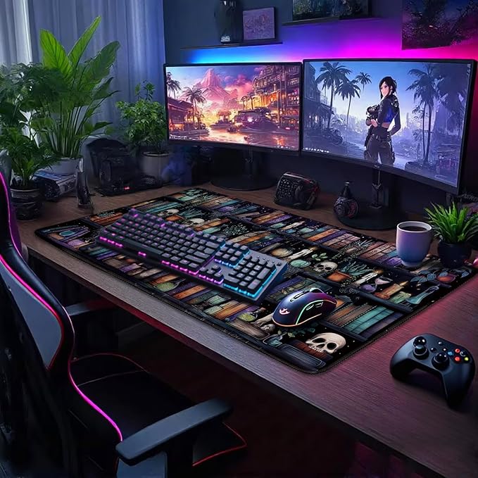 Gothic Library Large Gaming Mouse Pad 31.5"x15.7"｜Vintage Bookshelf XXL Desk Mat, Non-Slip Rubber Base & Stitched Edges - Extended Waterproof Mousepad for PC/Laptop/Office/Home Decor