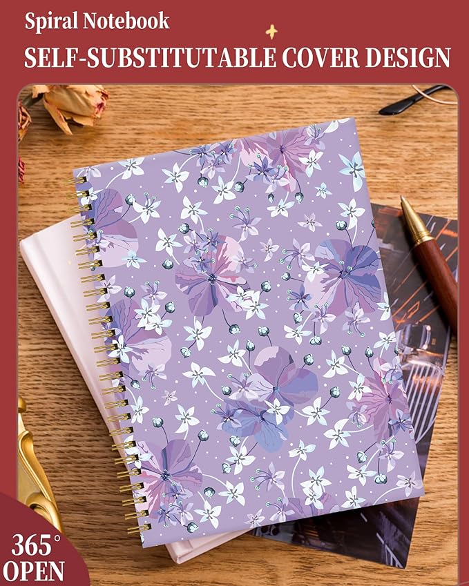 Spiral Journal Notebook for Women,A5 College Ruled Notebooks 6"x 8.4", 120 Pages Lined Journal with Premium Thick Paper,Perfect for School Office Home Gifts(purple ditsy floral)