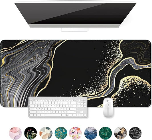 Auhoahsil Extended Mouse Pad, XXL Desk Pad Gaming Mousepad, Large Big Laptop Computer Keyboard Desk Mat with Non-Slip Base Stitched Edge for Gaming Office Men Women, 35.5 x 15.7 in, Black Marble