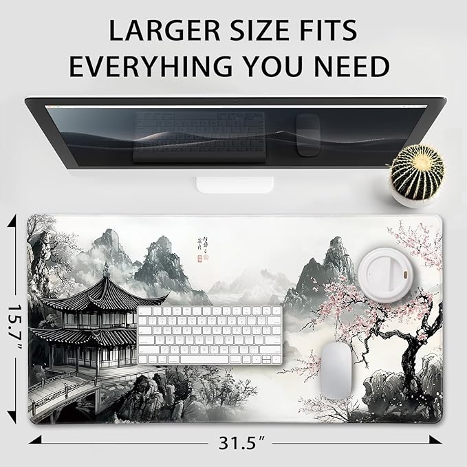 Japanese Black and White Cherry Blossoms Large Gaming Mouse Pad 31.5"x15.7"｜XXL Desk Mat, Non-Slip Rubber Base & Stitched Edges - Extended Mousepad for PC/Laptop/Office/Home Decor