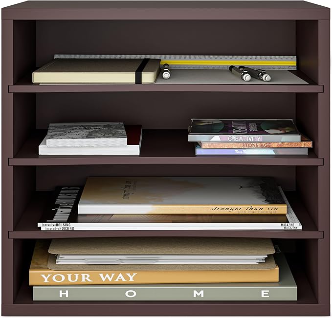 Ballucci 4-Tier Paper Organizer, Desk File Organizer, Stackable Letter Tray, Wood Mail Sorter with Adjustable Storage Shelves, Office Desk Organizer, Dark Brown
