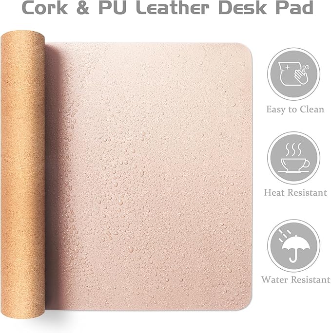 Aothia Double-Sided Desk Pad – 35.4" x 15.7" Leather Desk Mat with Eco Cork Protector, Large Mouse Pad, Waterproof Desk Blotter for Office/Home (Pink)