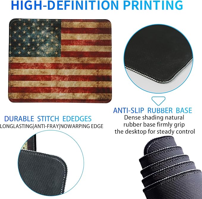 American Flag Gaming Mouse Pad, Large Mouse Pad for Desk Mat XL Mousepad, Stitched Edges Non-Slip Rubber Base Mouse Pads for Computers Laptop (USA Flag-Small-Red)