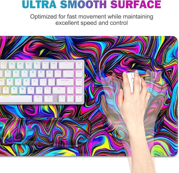 Gaming Mouse Pad, Large Desk Mat, Cute Desk Pad Protector, 4in1 XXL Mousepad + Keyboard Wrist Rest+Mouse Wrist Rest+Coaster Set with Ergonomic Desk Pad for Home Office Computer, Dazzling Bright Color