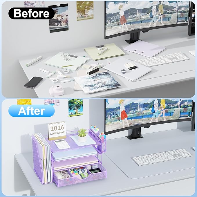 gianotter Desk Organizers and Accessories with File Holder, 4-Tier Desk Accessories & Workspace Organizers with Drawer and 2 Pen Holder, Paper Organizer for Office Supplies (Purple)