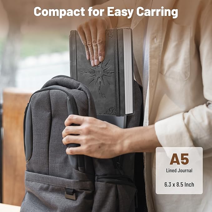 CAGIE Compass Leather Notebook Journal for Men, 100 GSM 288 Pages Lined Journals for Writing, A5 Hardcover Journaling Notebooks Gift Set with Pen for Travel Office Daily Writing