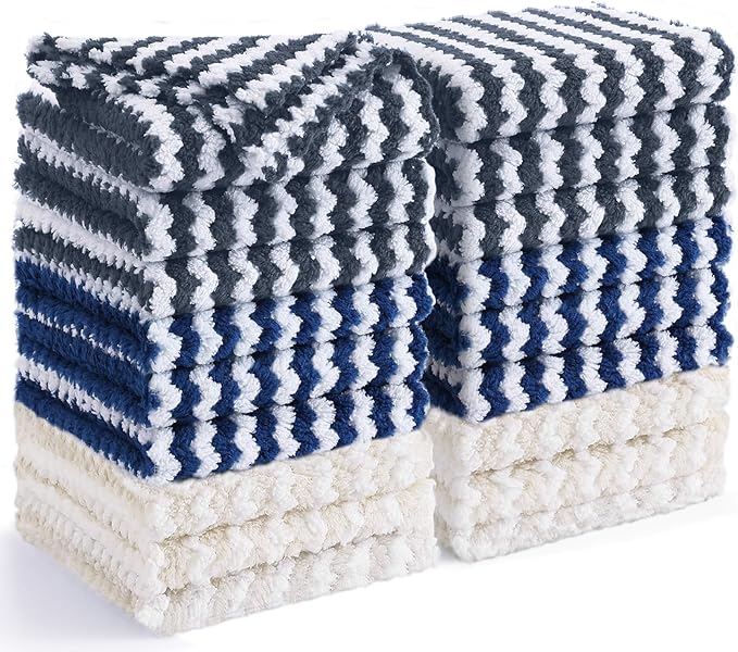 Homaxy 18 Pack Kitchen Dish Cloths, Ultra Soft and Absorbent Dish Towels, Reusable Fast Drying Microfiber Cleaning Cloth, Coral Velvet Wave Design No-lint, 10 x 10 inches, Dark Grey/Navy Blue/Beige